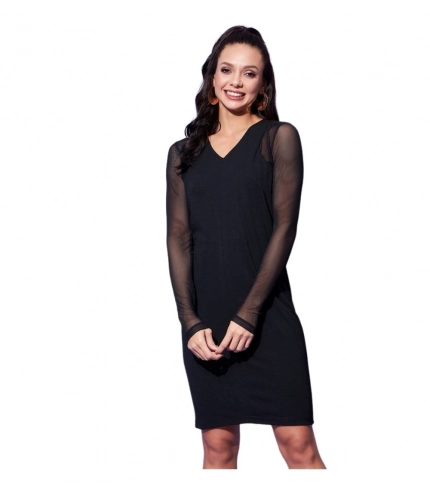 Women's Polyester And Net Solid Long Sleeves Dress (Black)