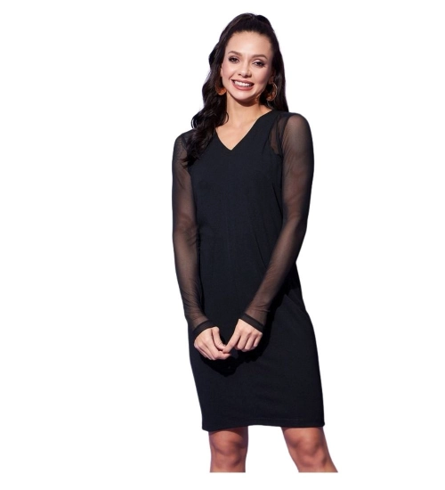 Women's Polyester And Net Solid Long Sleeves Dress (Black)