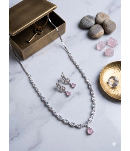 Women's Brass Silver Plated Necklace set (Pink)