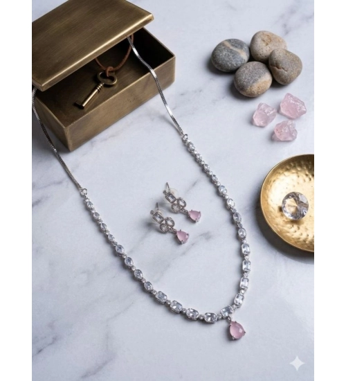 Women's Brass Silver Plated Necklace set (Pink)