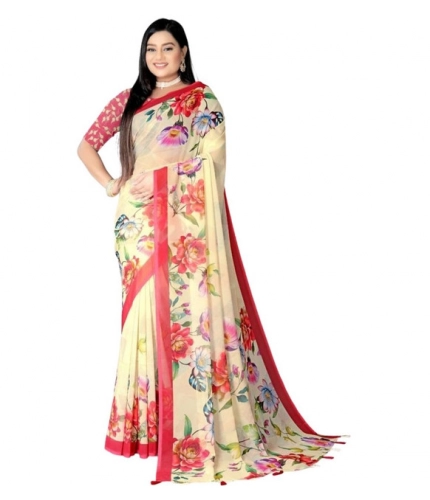 Women's Georgette Floral Printed Saree With Unstitched Blouse 5.5Mtr (Yellow)