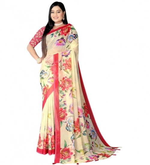 Women's Georgette Floral Printed Saree With Unstitched Blouse 5.5Mtr (Yellow)