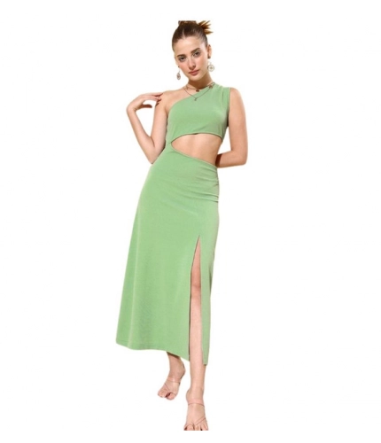 Women's Polyester Lycra Solid Sleeveless Dress (Green)