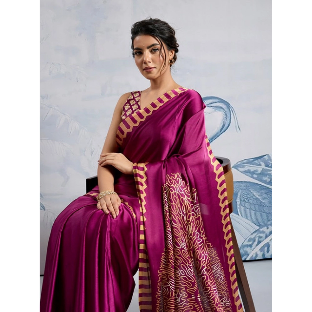 Women's Satin Crepe Printed Saree With Unstitched Blouse 5.5Mtr (Purple)