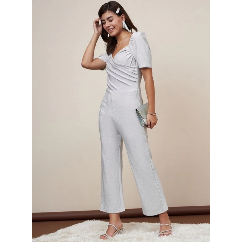 Women's Polyester Shimmer Self Design Short Sleeve Jumpsuit (Silver)