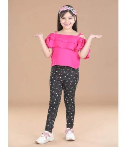 Girl's Cotton Lycra Floral Elasticated Jeggings (Multicolor)