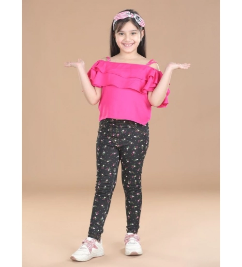 Girl's Cotton Lycra Floral Elasticated Jeggings (Multicolor)