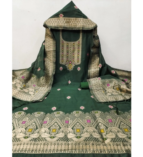 Women's Banarasi Silk Printed Unstitched Salwar Suit Material With Dupatta (Bottle Green, 3Mtrs)