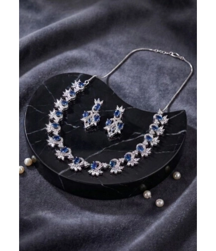 Women's Brass Silver Plated Necklace set (Blue)