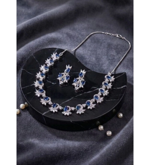 Women's Brass Silver Plated Necklace set (Blue)