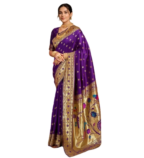 Women's Silk Blend Woven Saree With Unstitched Blouse 5.5Mtr (Purple)