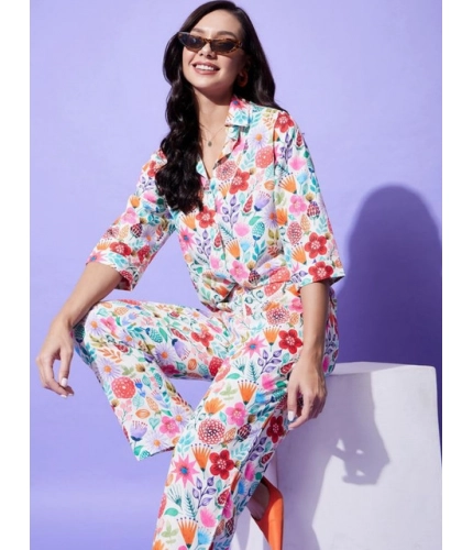 Women's Polyester Floral 3-4th Sleeve Co-Ord Set (Multicolor)