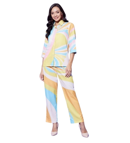 Women's Polyester Colour Blocking 3-4th Sleeve Co-Ord Set (Multicolor)