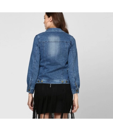 Women's Denim Washed Long Sleeves Jacket (Blue)
