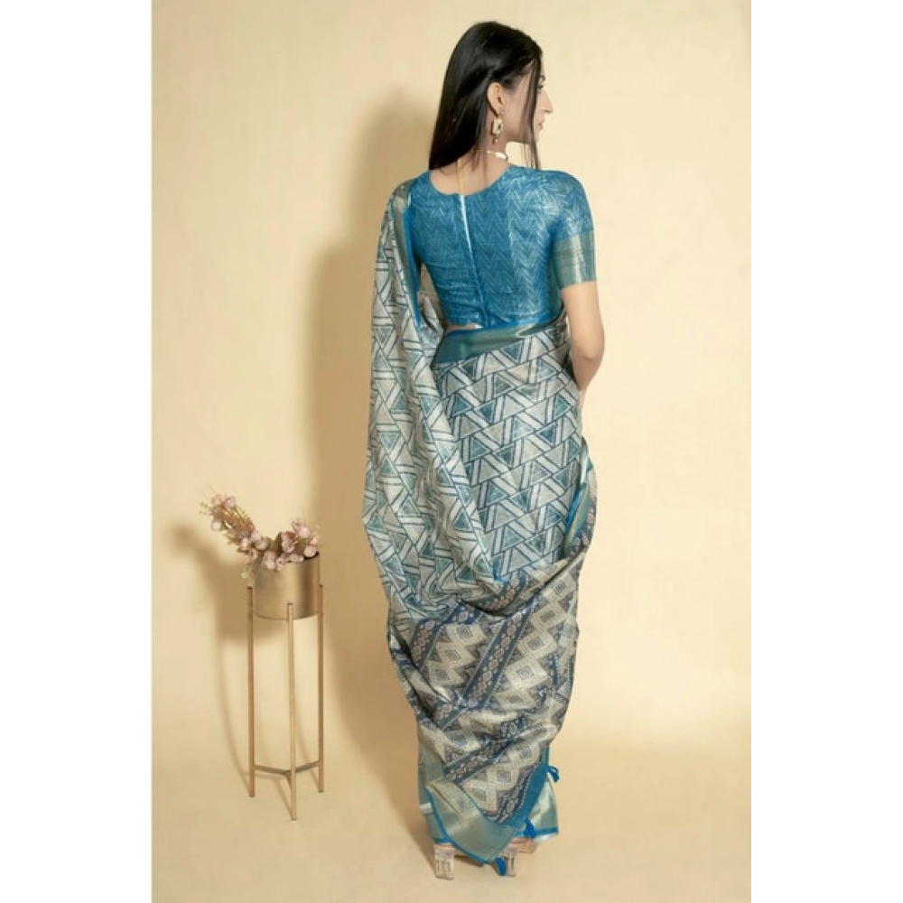 Women's Polyester Printed Saree With Unstitched Blouse 5.5 Mtr (Turquoise)