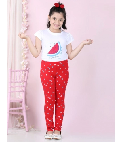 Girl's Cotton Lycra Embellished Elasticated Leggings (Red)