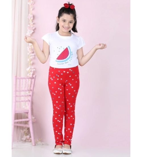 Girl's Cotton Lycra Embellished Elasticated Leggings (Red)