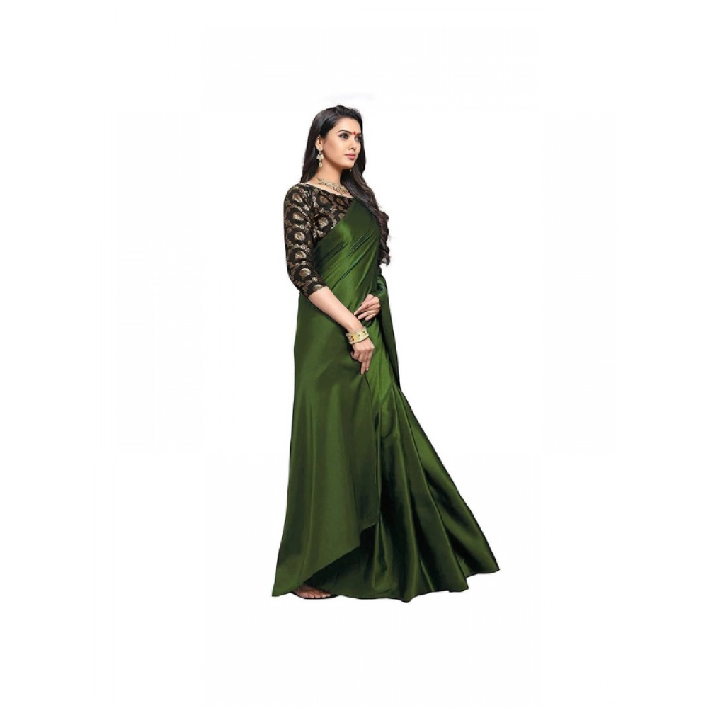 Women's Satin Solid Saree With Unstitched Blouse 5.5Mtr (Mehandi)