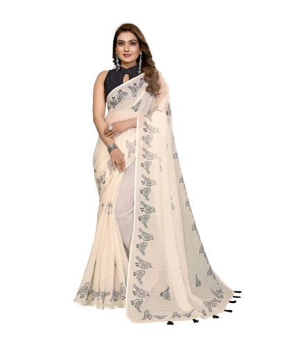 Women's Linen Cotton Printed Saree With Unstitched Blouse 5.5Mtr (Off White)
