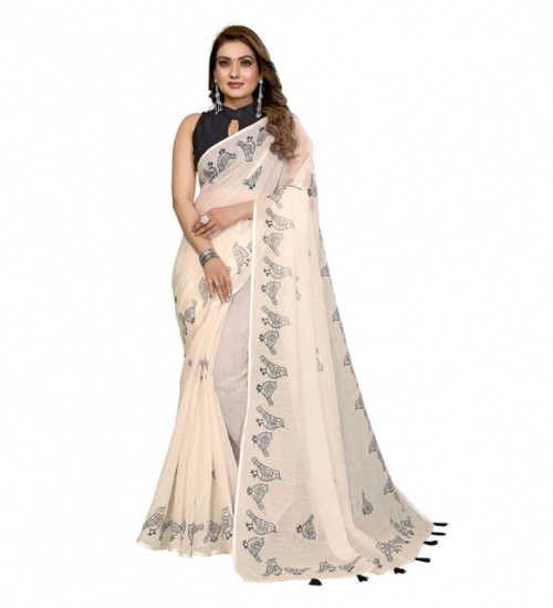 Women's Linen Cotton Printed Saree With Unstitched Blouse 5.5Mtr (Off White) Women's Linen Cotton Printed Saree With Unstitched Blouse 5.5Mtr (Off White)