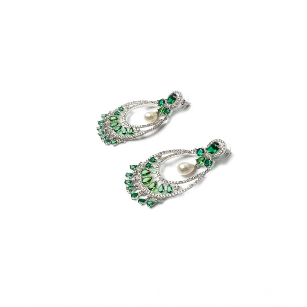 Women's Brass Silver Plated Chandbali Earrings (Green) Women's Brass Silver Plated Chandbali Earrings (Green)