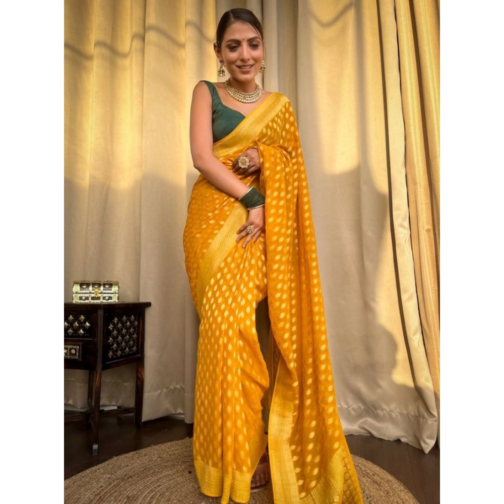 Dropship Women's Soft Litchi Silk Jacquard Work Saree With Unstitched Blouse 5.5Mtr (Yellow)