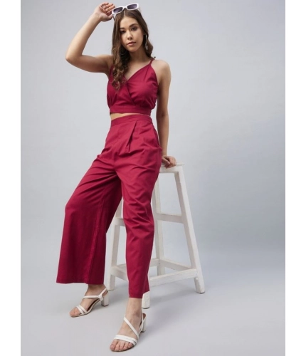 Women's Cotton Linen Solid Sleeveless Crop Top and Palazzo Set (Maroon)