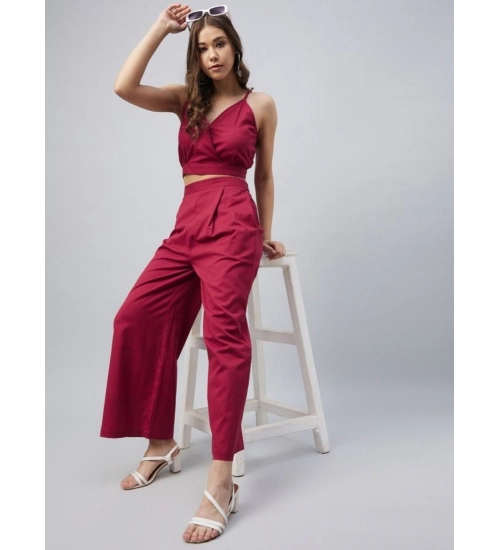 Women's Cotton Linen Solid Sleeveless Crop Top and Palazzo Set (Maroon)