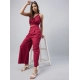Women's Cotton Linen Solid Sleeveless Crop Top and Palazzo Set (Maroon)
