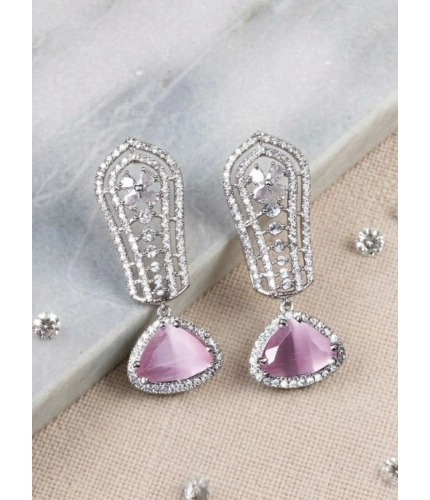 Women's Brass Silver Plated Drop Earrings (Pink)