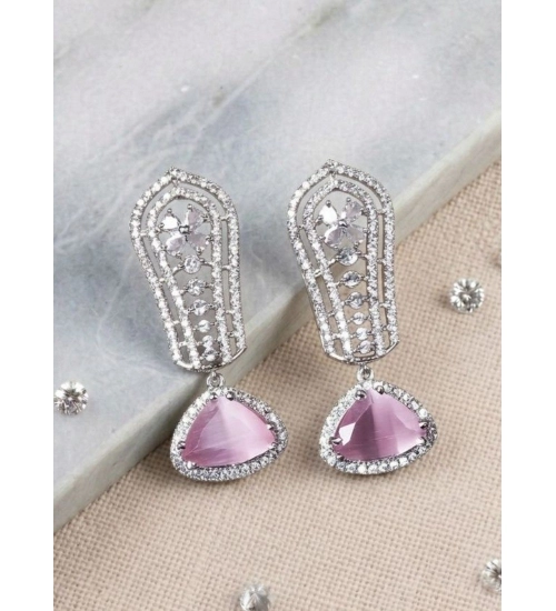Women's Brass Silver Plated Drop Earrings (Pink)