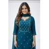 Women's Georgette Ethnic Motif Round 3/4th Sleeve Kurti With Pant Dupatta Set (Teal)