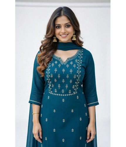 Women's Georgette Ethnic Motif Round 3/4th Sleeve Kurti With Pant Dupatta Set (Teal)