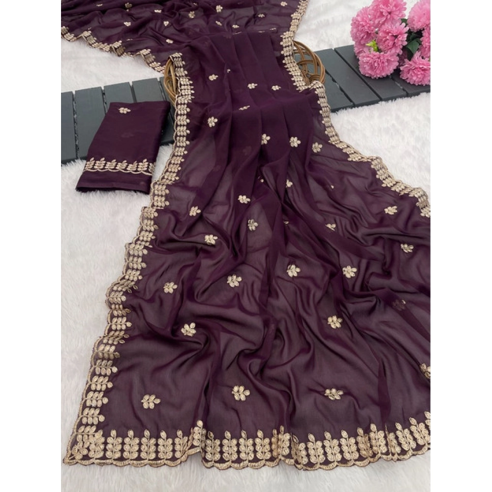 Women's Georgette Embroidered Saree With Unstitched Blouse 5.5Mtr (Wine)