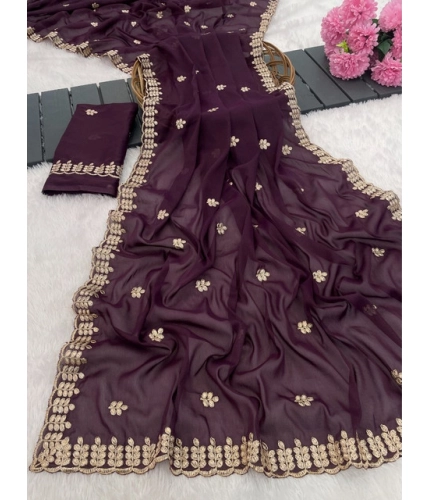 Women's Georgette Embroidered Saree With Unstitched Blouse 5.5Mtr (Wine) Women's Georgette Embroidered Saree With Unstitched Blouse 5.5Mtr (Wine)