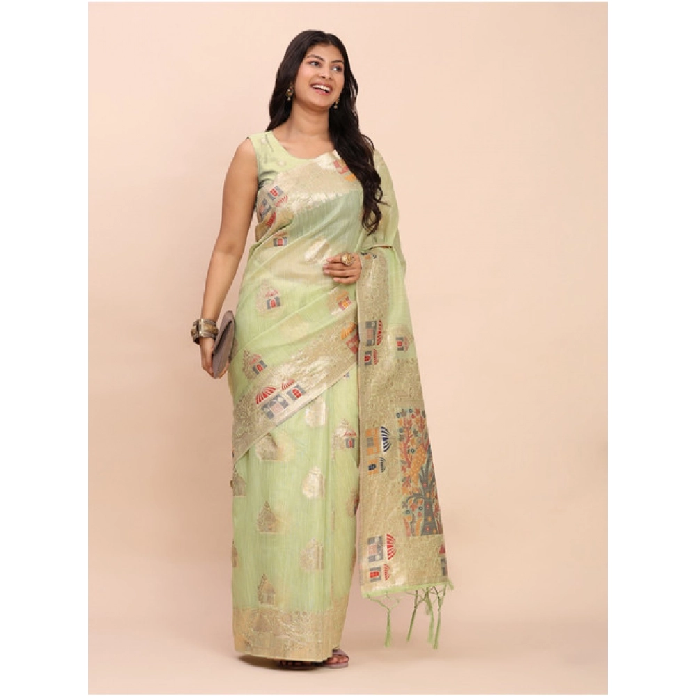 Women's Linen Cotton Printed Saree With Unstitched Blouse 5.5Mtr (Light Green) Women's Linen Cotton Printed Saree With Unstitched Blouse 5.5Mtr (Light Green)
