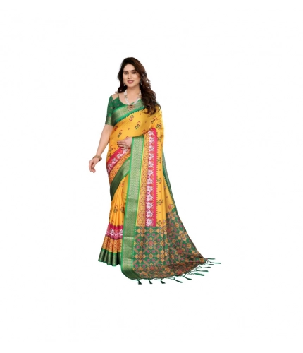 Women's Cotton Silk  Printed Saree With Unstitched Blouse 5.5Mtr (Yellow)