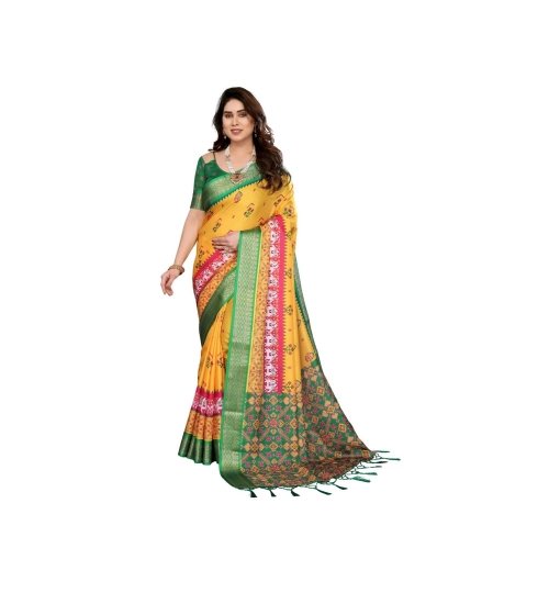 Women's Cotton Silk  Printed Saree With Unstitched Blouse 5.5Mtr (Yellow)