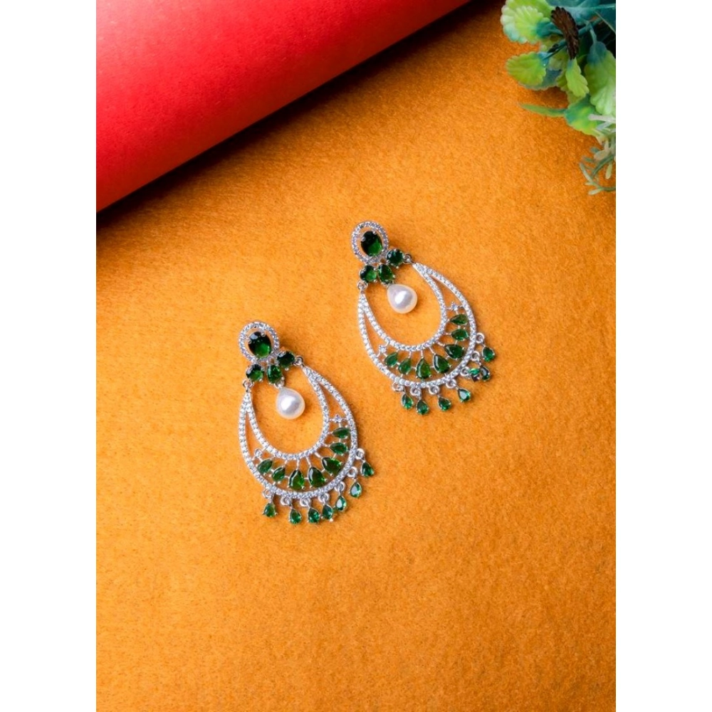 Women's Brass Silver Plated Chandbali Earrings (Green) Women's Brass Silver Plated Chandbali Earrings (Green)