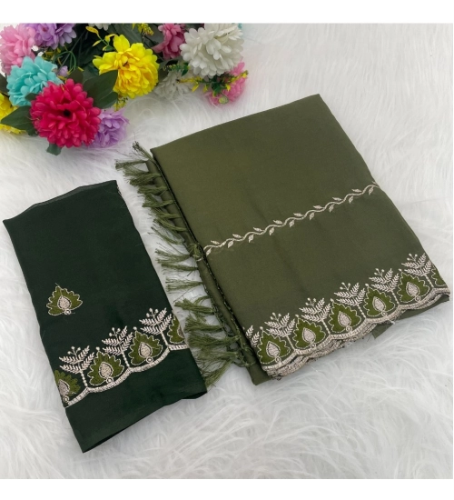 Women's Georgette Embroidered Saree With Unstitched Blouse 5.5Mtr (Mehendi)