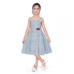 Girl's Cotton Printed Sleeve Less Squre Neck Dress (Multicolor)