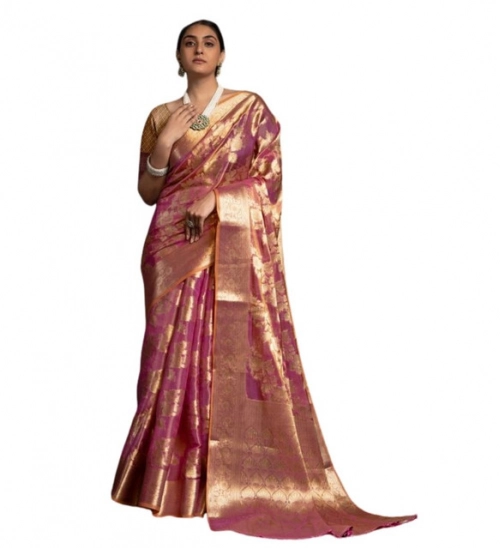 Women's Organza Woven Saree With Unstitched Blouse 5.5Mtr (Purple)