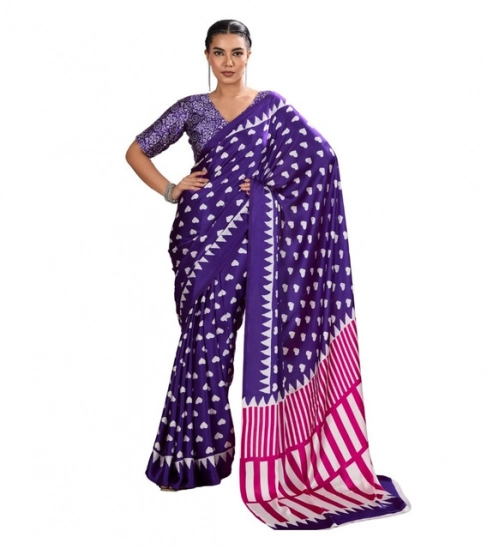 Women's Satin Crepe Printed Saree With Unstitched Blouse 5.5Mtr (Navy Blue)