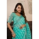 Women's Faux Linen Leaf Print Ready to wear Saree With Unstitched Blouse 5.5Mtr (SeaGreen)