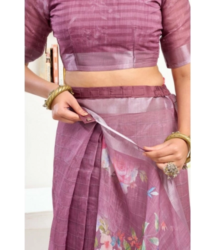 Women's Faux Linen Floral Print Ready to wear Saree With Unstitched Blouse 5.5Mtr (Pink)