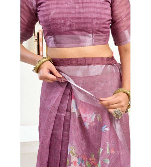 Women's Faux Linen Floral Print Ready to wear Saree With Unstitched Blouse 5.5Mtr (Pink)