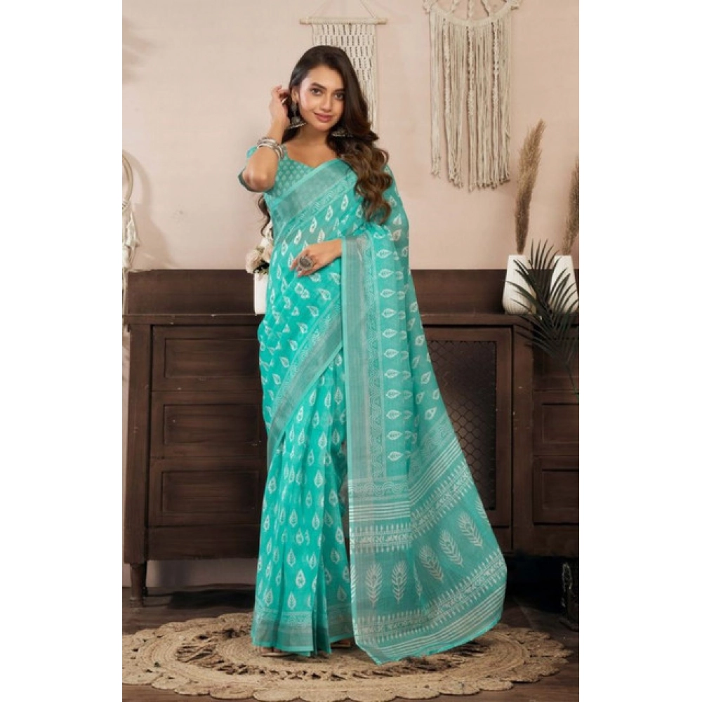 Women's Faux Linen Leaf Print Ready to wear Saree With Unstitched Blouse 5.5Mtr (SeaGreen) Women's Faux Linen Leaf Print Ready to wear Saree With Unstitched Blouse 5.5Mtr (SeaGreen)