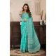 Women's Faux Linen Leaf Print Ready to wear Saree With Unstitched Blouse 5.5Mtr (SeaGreen)