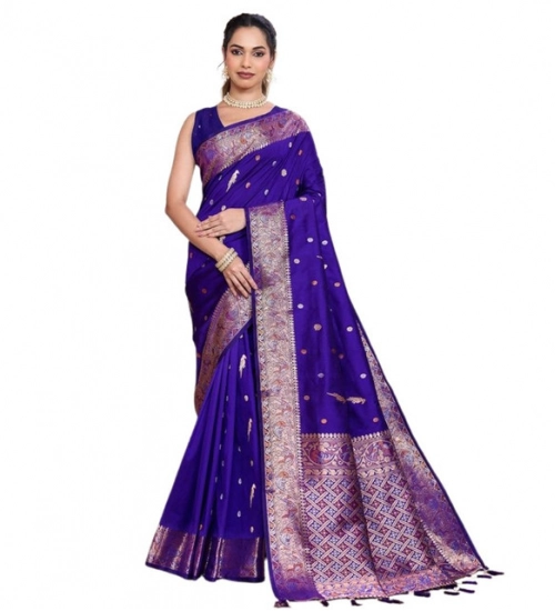Women's Jacquard Woven Saree With Unstitched Blouse 5.5Mtr (Blue)