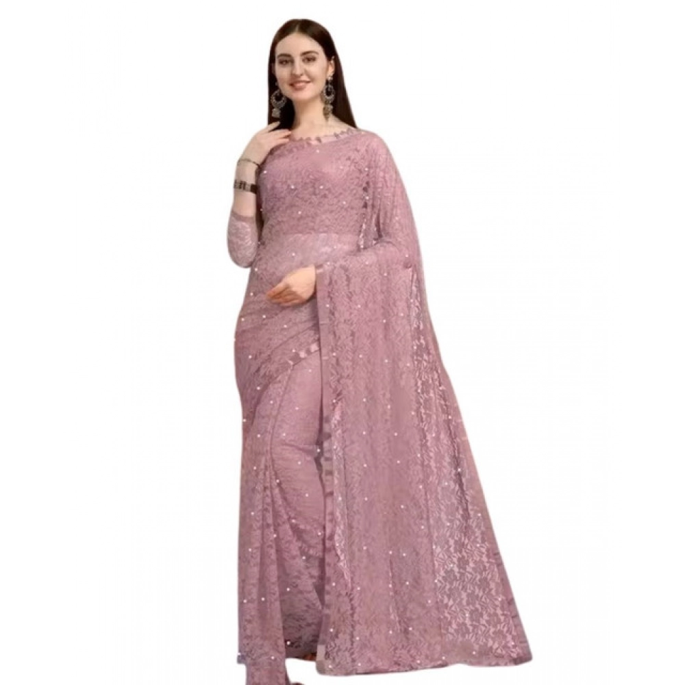 Women's Net Self Design Saree With Unstitched Blouse 5.5Mtr (Light Brown)
